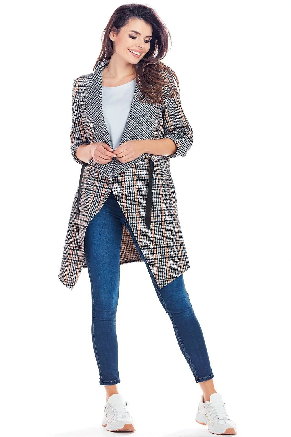 Blazer femme polyester chic moderne à carreaux noir blanc orange ceinture tendance élégant automne