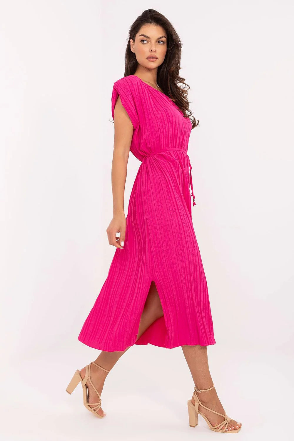 Robe de jour Italy Moda midi manches courtes fuchsia vif polyester léger plissé cordelette métallique femmes occasions quotidiennes festives