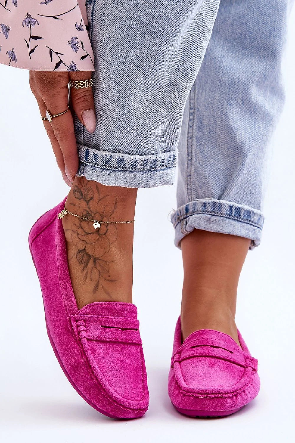 Mocassins femmes style classique couleur fuchsia matière éco-suede confortable anti-dérapant low heel penny strap