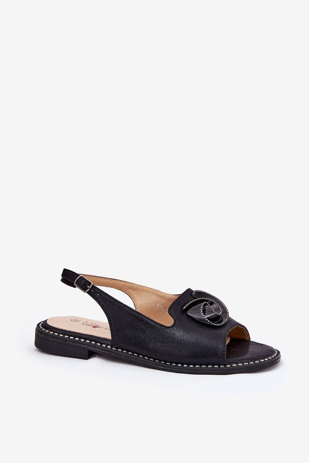 sandales femme plates slingback similicuir noir bout ouvert semelle petit talon coutures contrastées bride arrière réglable boucle ornement strass chic