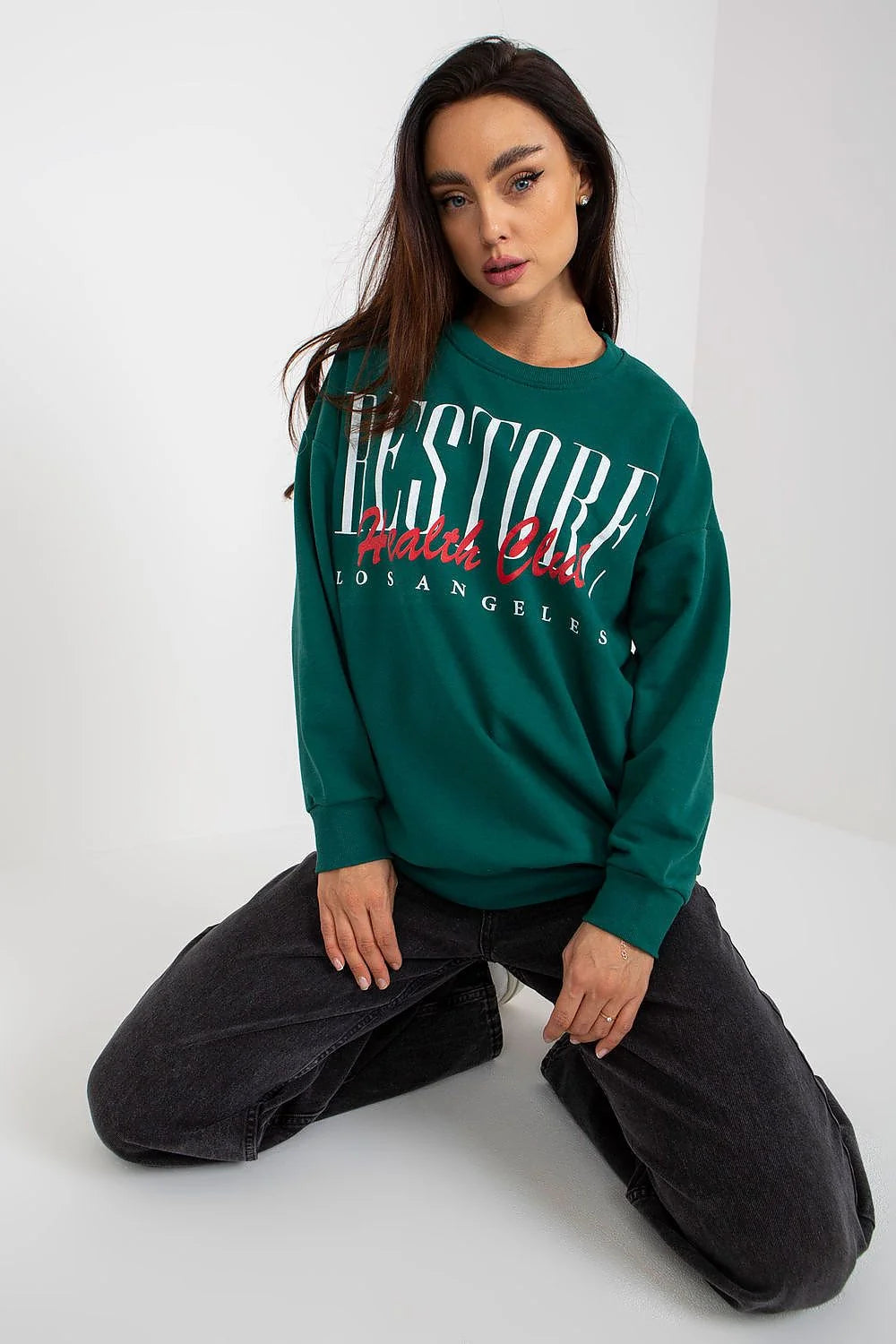 Sweatshirt femme coton imprimé urbain RESTORE Health Club OS ANGELES manches longues col rond côtelé couleur grise
