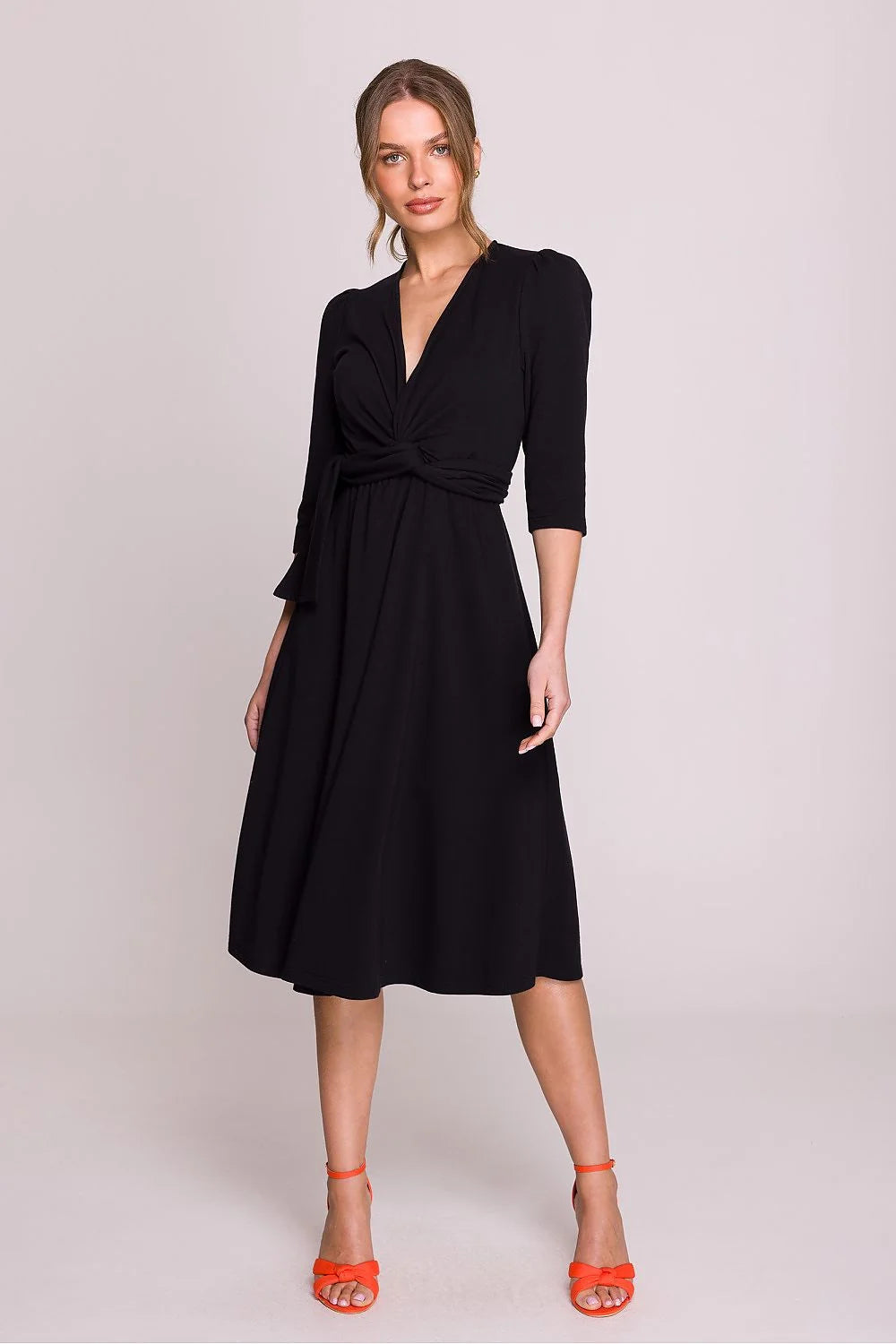 Robe de jour élégante en modal confortable décolleté en V ceinture taille ajustable manches 3/4 longueur classique femme