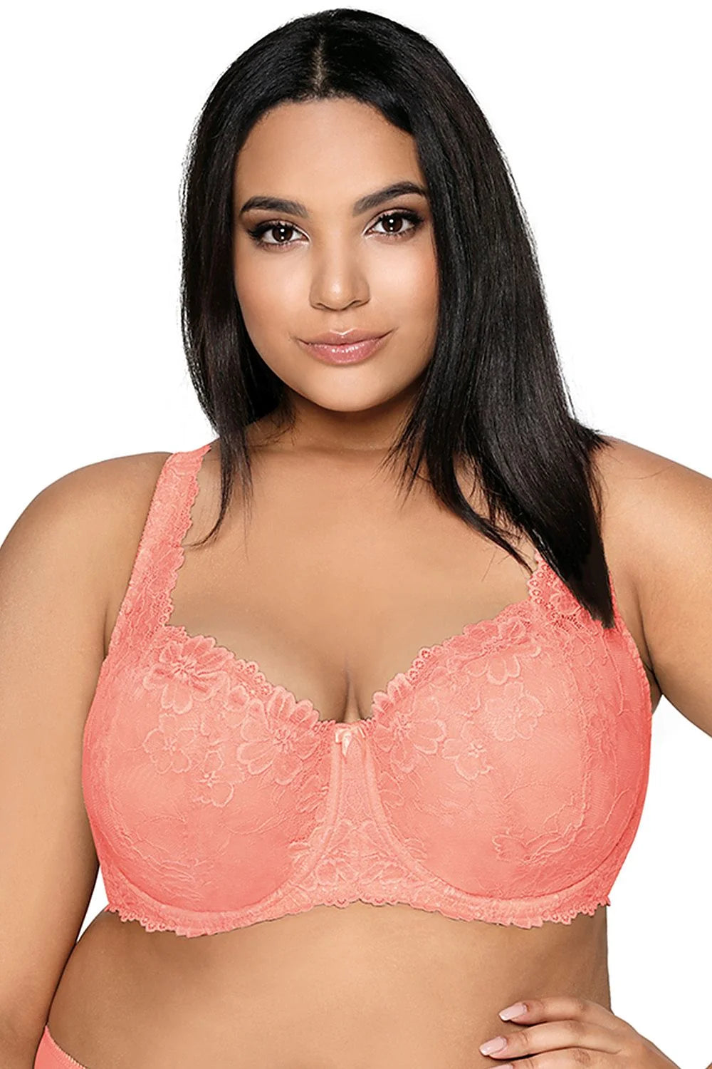 Soutien-gorge rembourré Mat dentelle corail floral grande taille confortable maintien renforcé