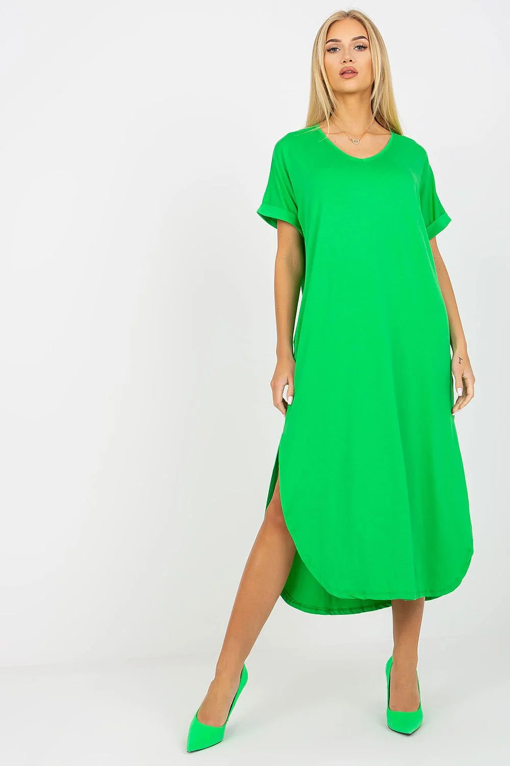 Robe de jour moderne Och Bella manches courtes poches latérales ourlet arrondi fentes coton élasthanne femme