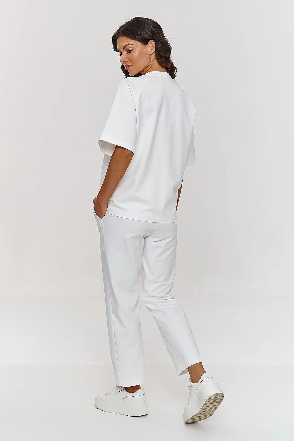 Ensemble Makadamia pour femme, survêtement confortable, haut ample, pantalon droit, couleur blanche, style minimaliste, élastique, poches plaquées