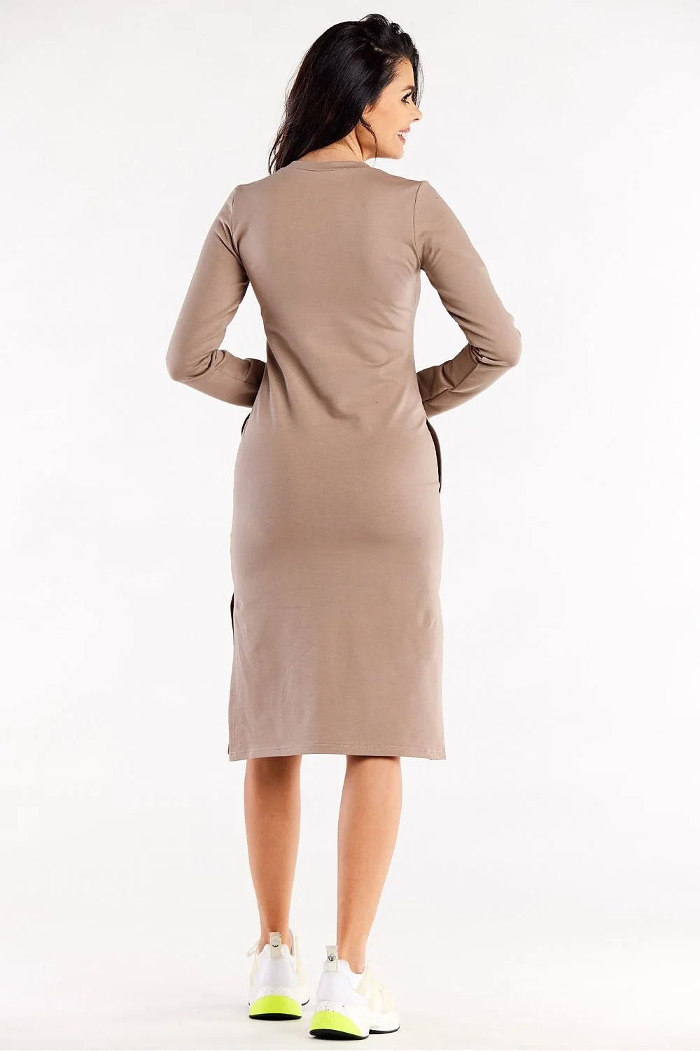 Robe de jour élégante à manches longues en coton élasthanne beige taille ajustable pour femme