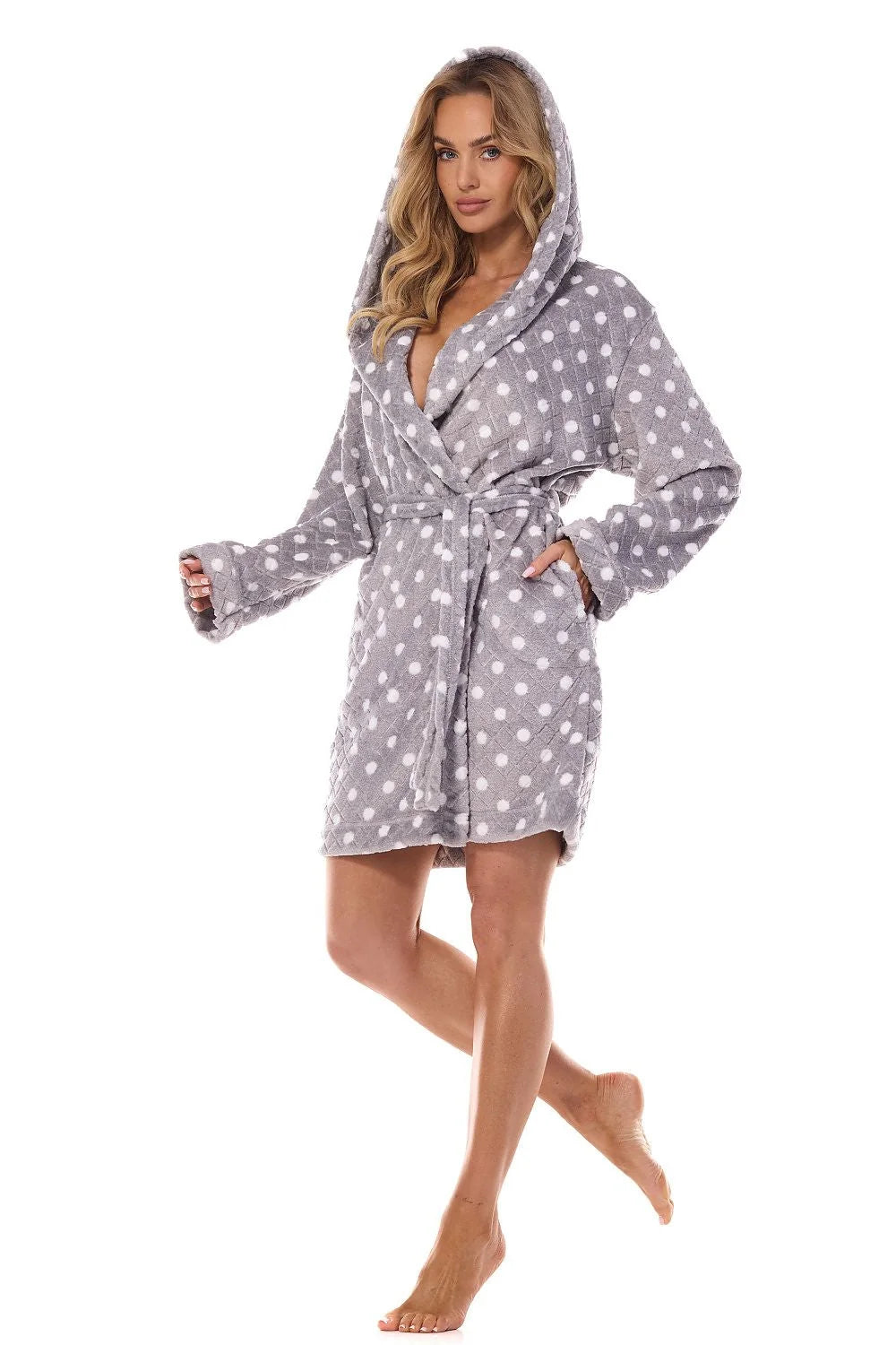 Peignoir féminin L&L collection classique longueur genou coupe ample matelassé imprimé pois gris doux ceinture châle col manches longues poches