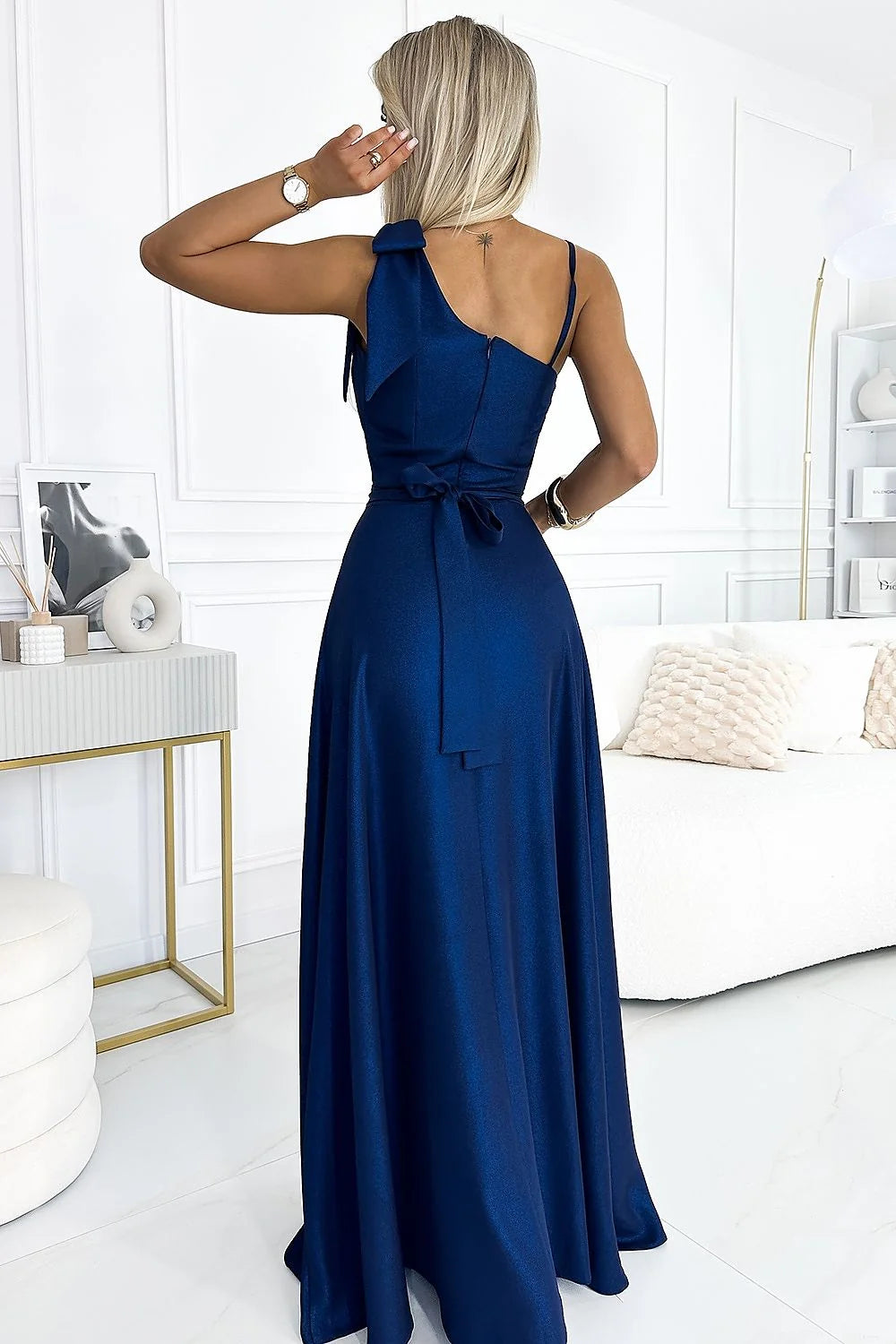 Robe longue élégante à une épaule scintillante nœud bleu marine Numoco Polyester Elasthanne mariages soirées femmes taille ajustable