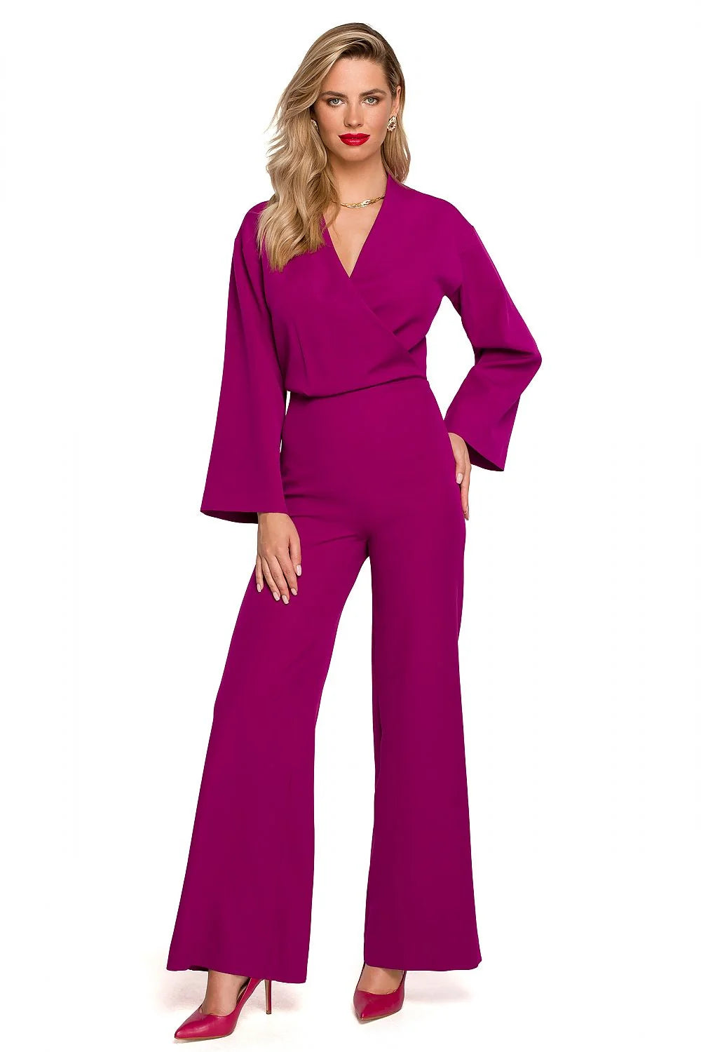 Combinaison Makover féminine élégante en polyester et élasthanne manches longues évasées encolure V croisée taille ajustable occasion spéciale