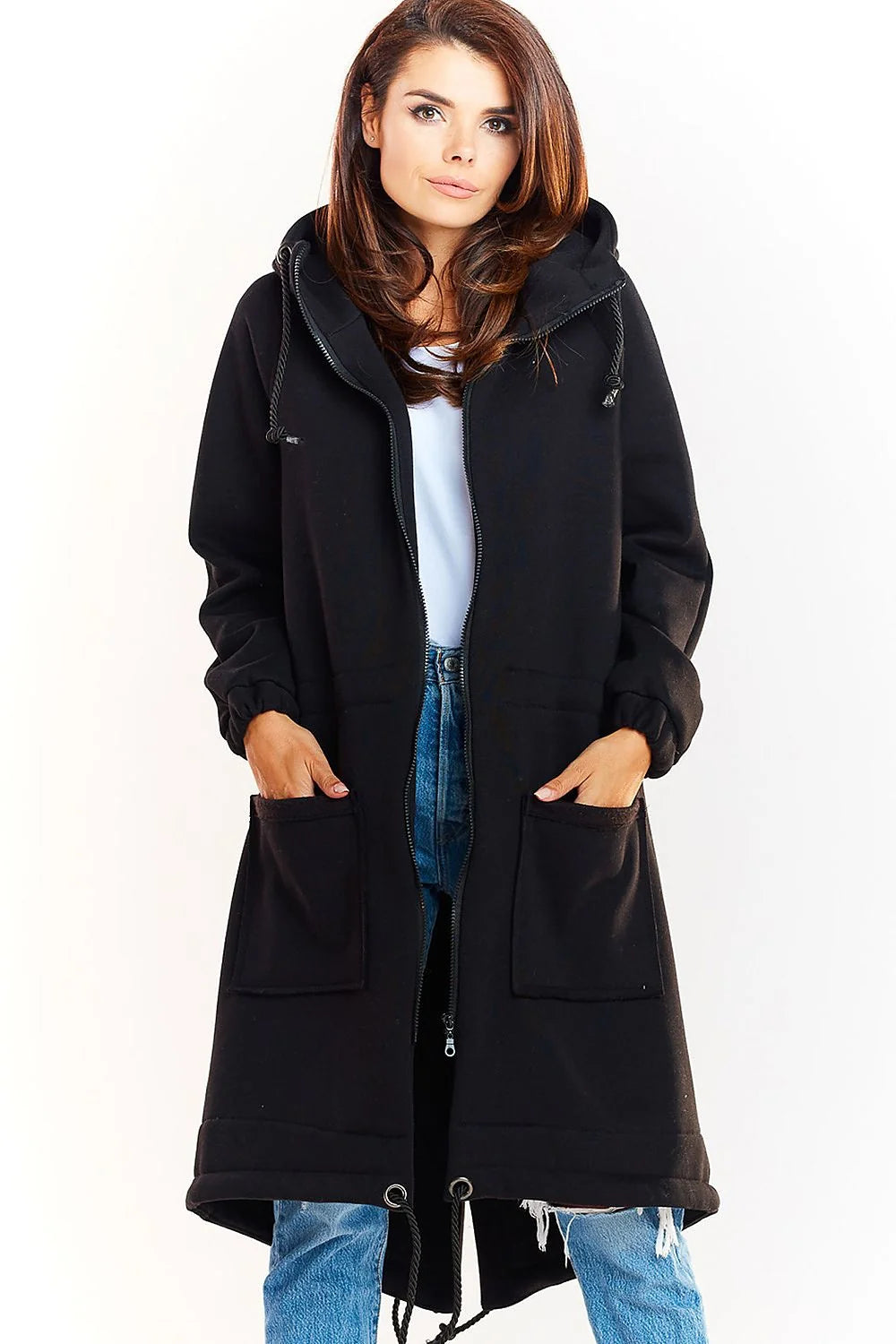 Manteau long ample beige coton style décontracté moderne avec capuche pour femme élégante et confortable