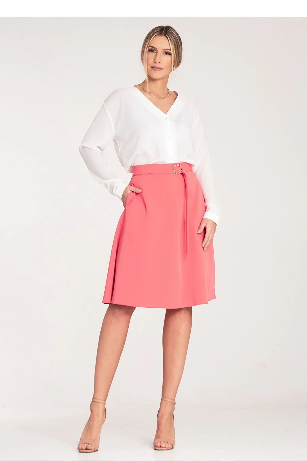 Jupe élégante longueur genou corail polyester viscose ceinture décorative poches latérales polyvalente femmes occasionnels