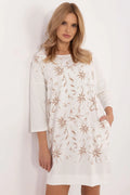 robe décontractée femme coton stretch oversize coupe droite longueur genou manches troisquarts encolure ronde poches latérales imprimé floral écru beige