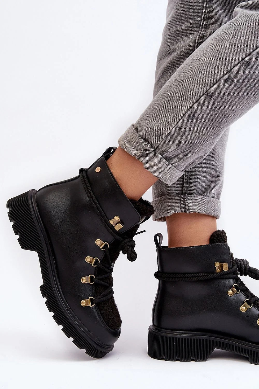 Bottes trappeur Step in style cuir naturel noir lisse tricoté métal doré femmes randonnée urbaine talon plat lacets semelle épaisse