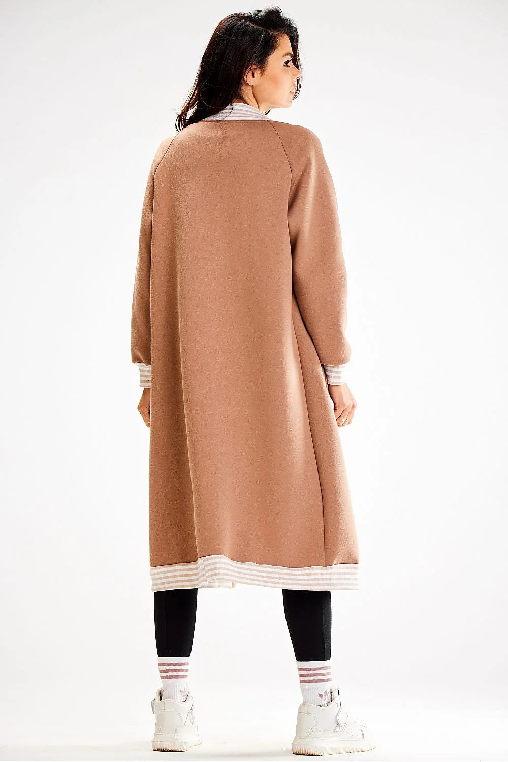 Sweatshirt long pour femme moderne à bandes côtelées, boutons-pression et poches à glissière, en coton élasthanne, taille ajustable