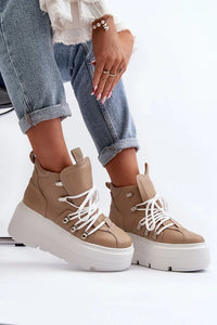 Bottines femmes design moderne audacieux plateforme cuir naturel beige lacets blancs talon 8cm printemps été