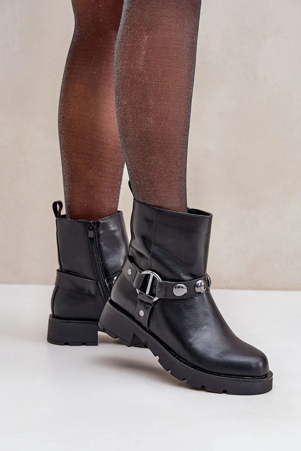 Bottes élégantes pour femmes en cuir artificiel style biker noir talon plat hauteur mi-mollet fermure éclair confortable mode urbain
