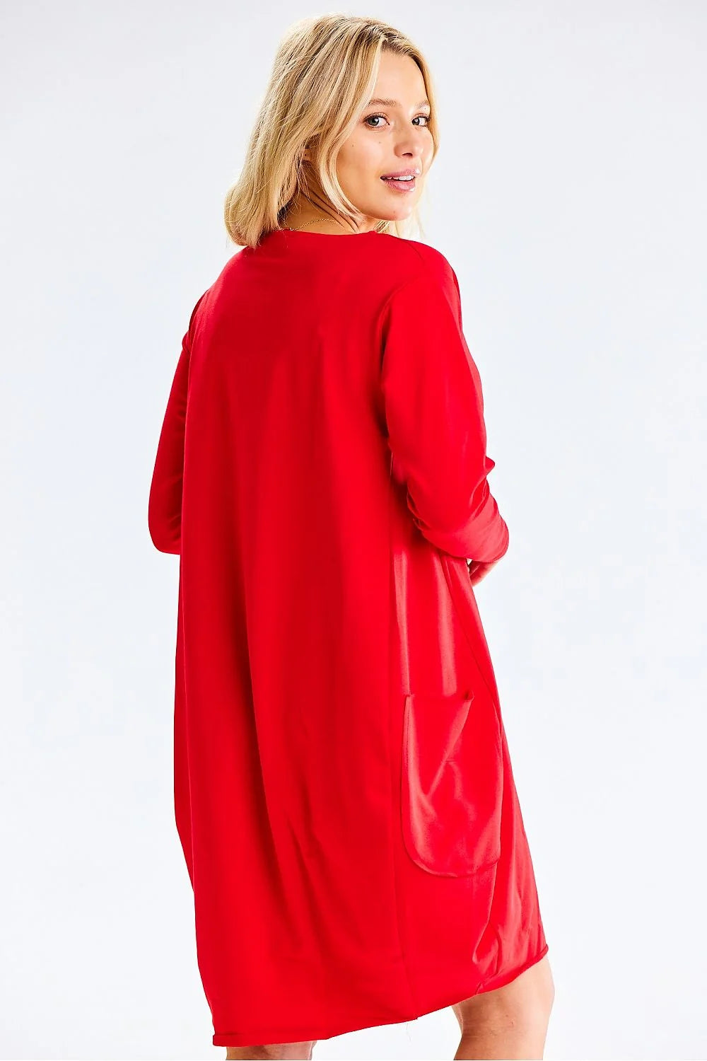 robe midi oversize pull femme rouge vif manches longues encolure ronde coupe ample trapèze maille jersey douce poches latérales discrètes