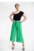 Pantalon femme Figl asymétrique culotte vert vif ceinture nouée coupe ample polyester 100% taille ajustable occasion élégante