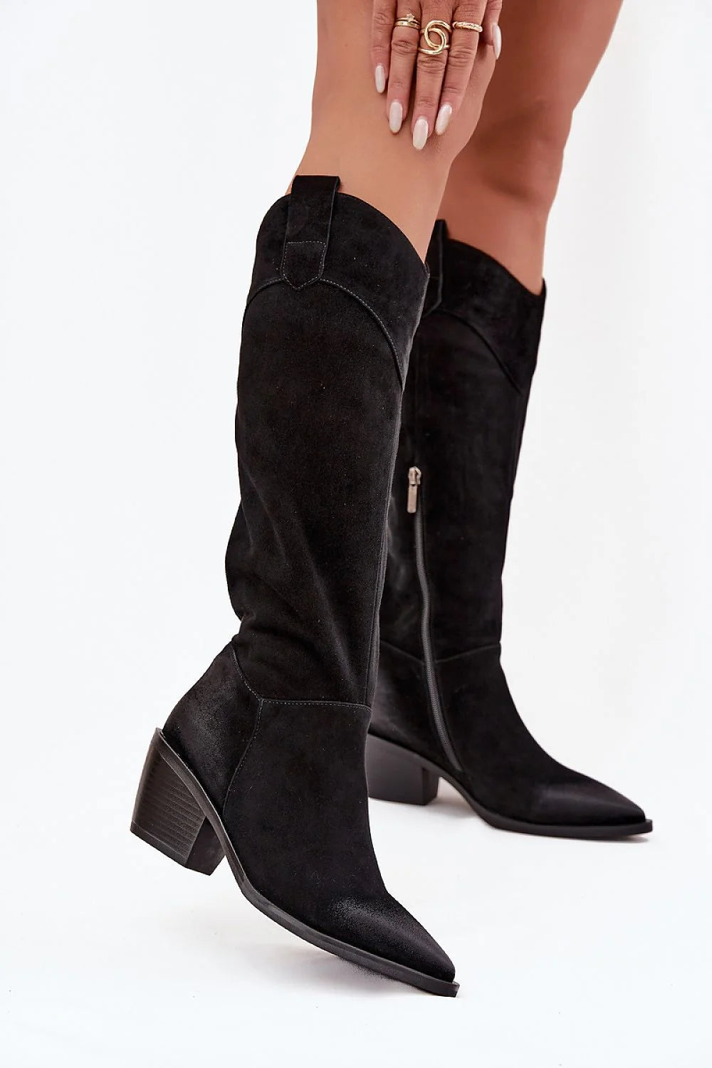 bottes cowboy femme daim suédé noir tige mi mollet bout pointu talon bloc stable fermeture éclair intérieure doublure semelle résistante