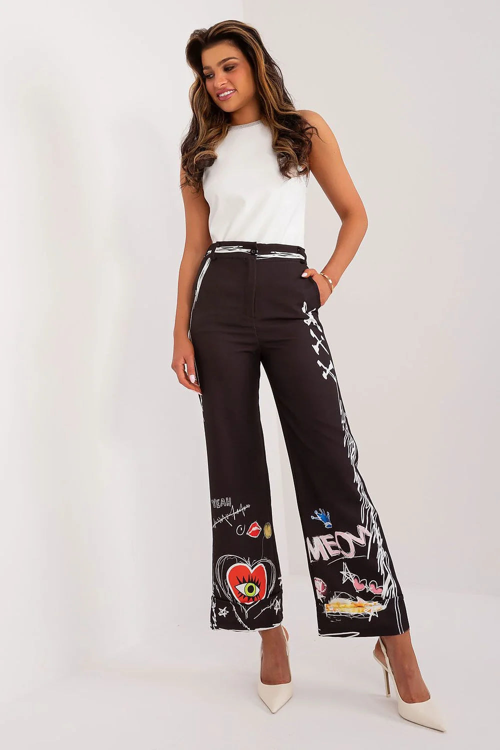 Pantalon femme design graphique multicolore motifs artistiques style urbain coupe large taille haute polyester coton blanc noir
