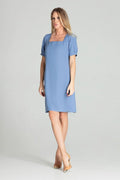 Robe élégante polyester bleu coupe droite genou manches courtes puffed femme style moderne sophistiqué