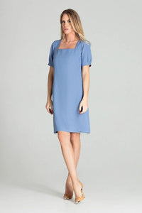 Robe élégante polyester bleu coupe droite genou manches courtes puffed femme style moderne sophistiqué