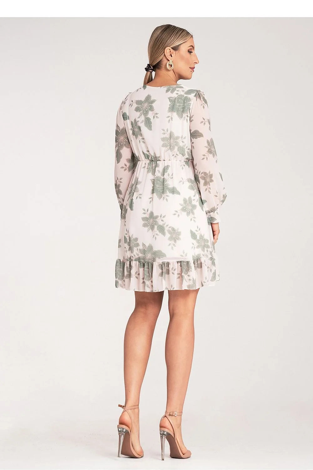 robe élégante florale midi manches longues décolleté V taille empire chiffon léger fluide imprimé vert olive volants asymétriques