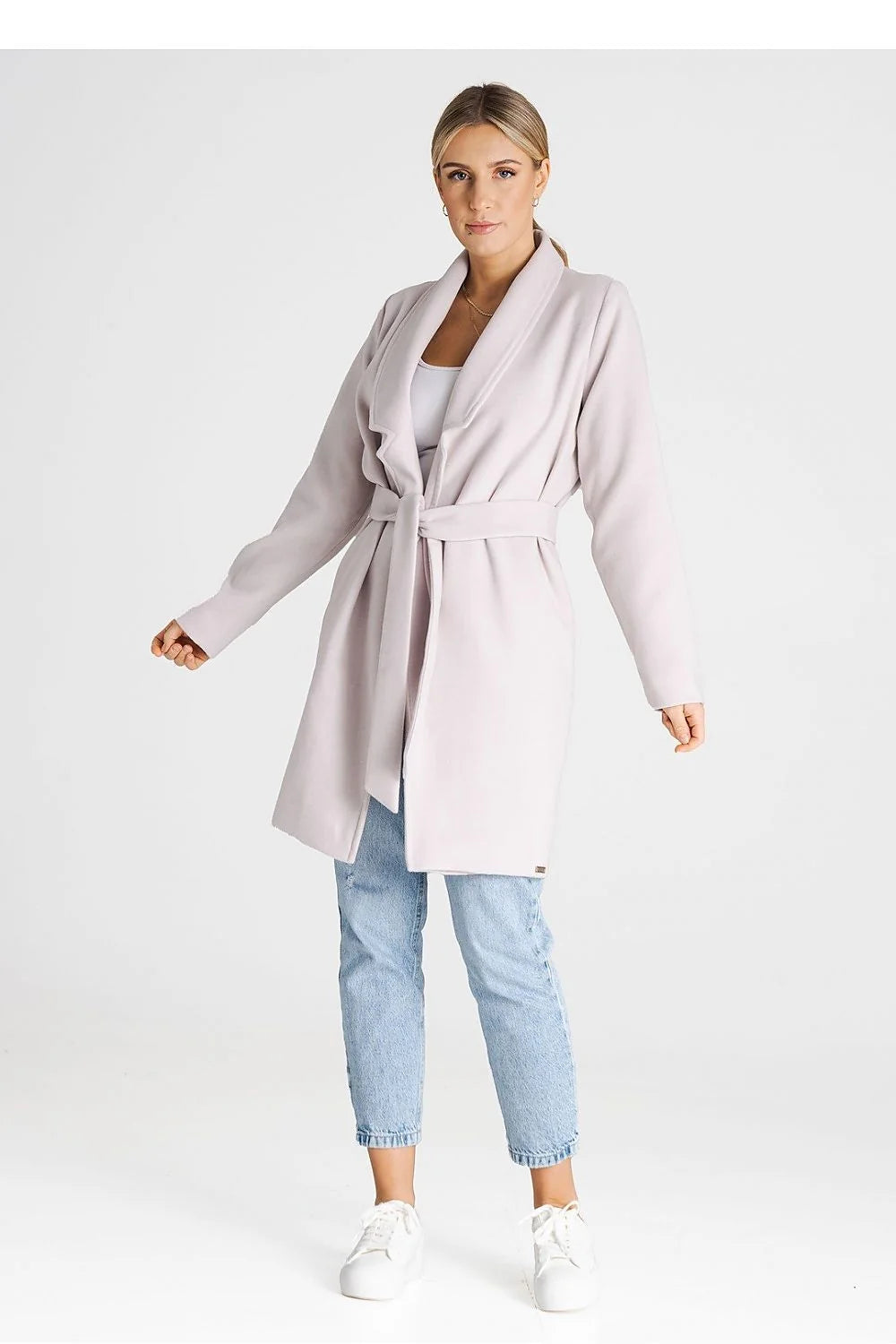 Manteau moderne pour femme en polyester et viscose, style minimaliste, col châle, port sans ceinture ou avec, tailles XS à L, couleur lilas pâle, manches longues, poches latérales discrètes, finitions de qualité