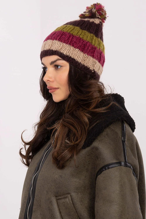 bonnet hiver tricoté multicolore pompon volumineux maille épaisse côtelée rayures bordeaux kaki beige bord replié taille unique chaud confortable