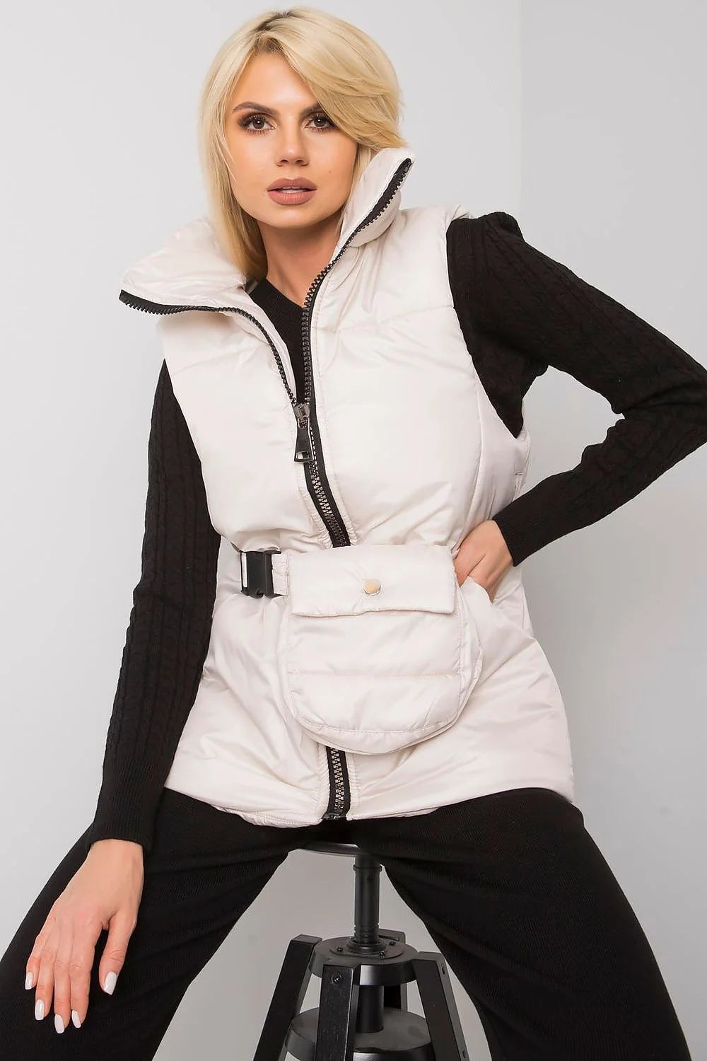 Gilet matelassé marron caramel polyester décontracté élégant fermeture éclair poches ceinture intégrée femme automne-hiver