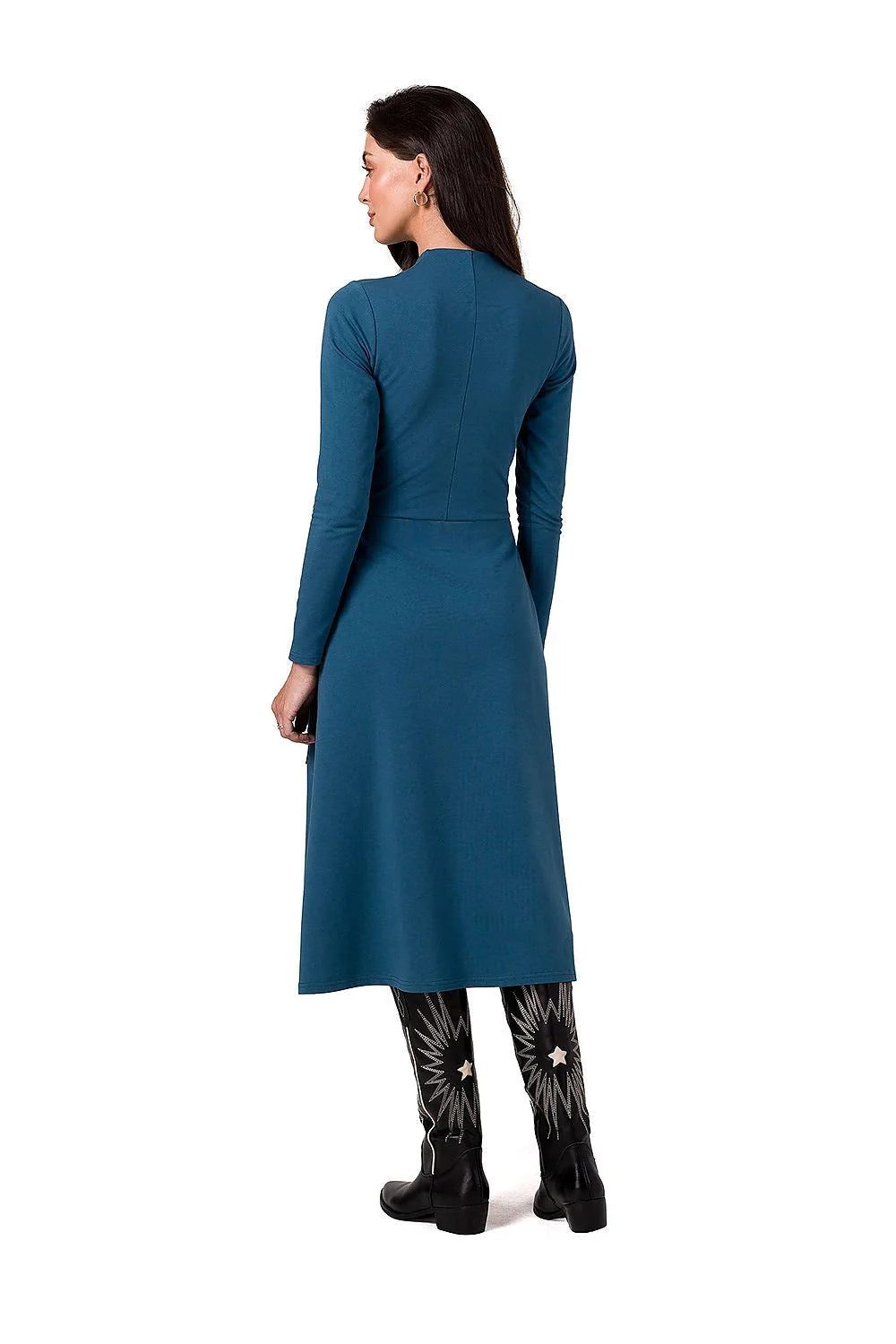 robe midi bleu pétrole manches longues encolure V taille marquée coupe A évasée poches plaquées jersey extensible coutures discrètes