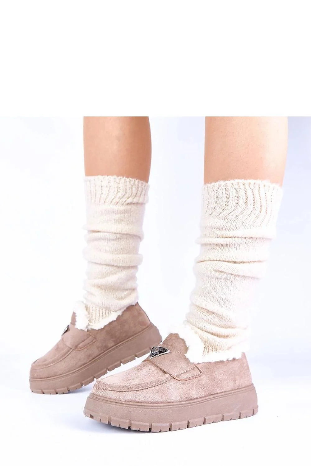 mocassins femme beige foncé plateforme doublure fourrure sherpa suédine semelle crantée antidérapante compensée 4cm confort chaleur minimaliste