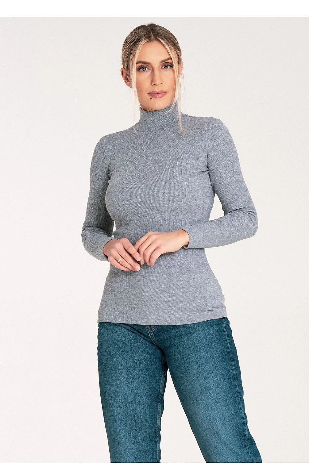 Pull à col roulé pour femme en coton élasthanne, style élégant, coupe ajustée, couleur grise, manches longues, vêtement polyvalent pour quotidien ou soirées