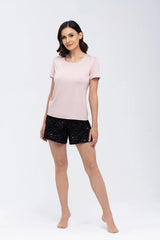 Ensemble t-shirt short femme élasthanne viscose rose pastel col rond manches courtes coupe droite loose noir motif