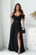 Robe de soirée élégante longue manches tombantes en tulle noir ceinture satin buste ajusté femme