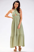 robe longue maxi viscose naturelle vert sauge encolure croisée dos ouvert taille empire jupe évasée volant ourlé fluide légère bohème