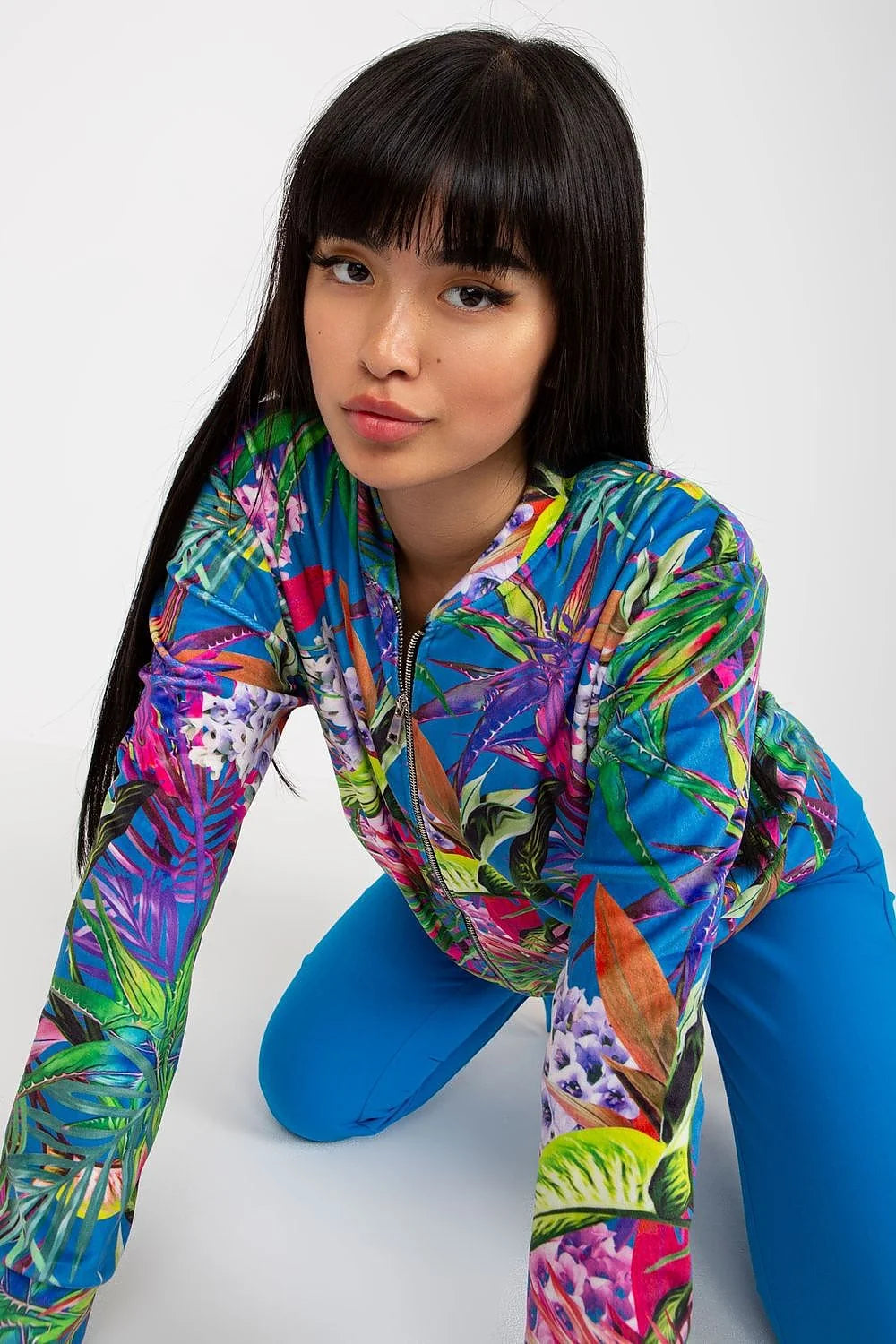 Blouson femme style bomber imprimé tropical multicolore polyester manches longues fermeture éclair elastique été occasion