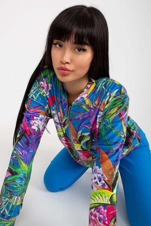 Blouson femme style bomber imprimé tropical multicolore polyester manches longues fermeture éclair elastique été occasion