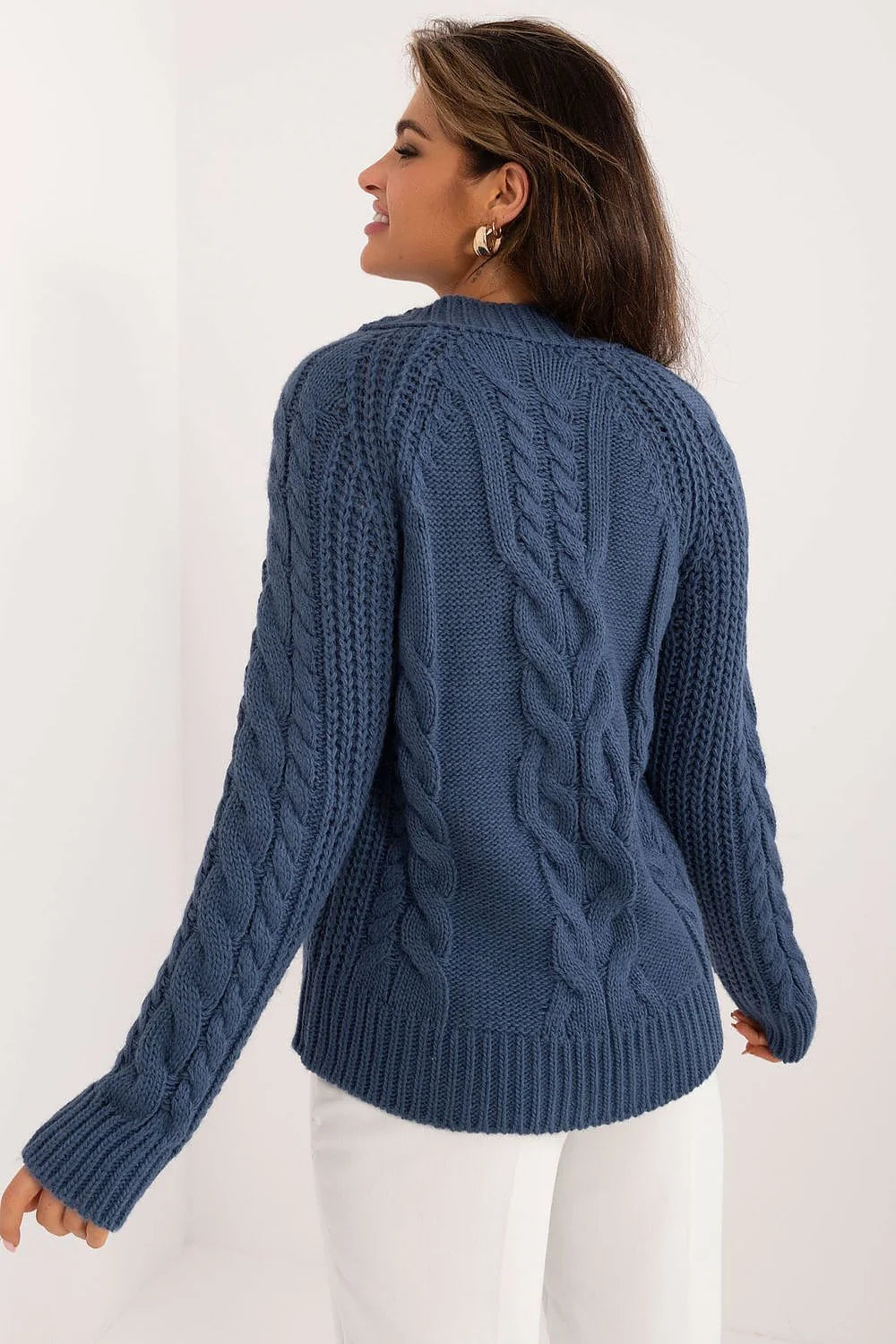 Pull pour femme Chandail Badu maille tricotée épaisse torsade classique col montant côtelé épaules découpées manches longues finitions côtelées bleu foncé