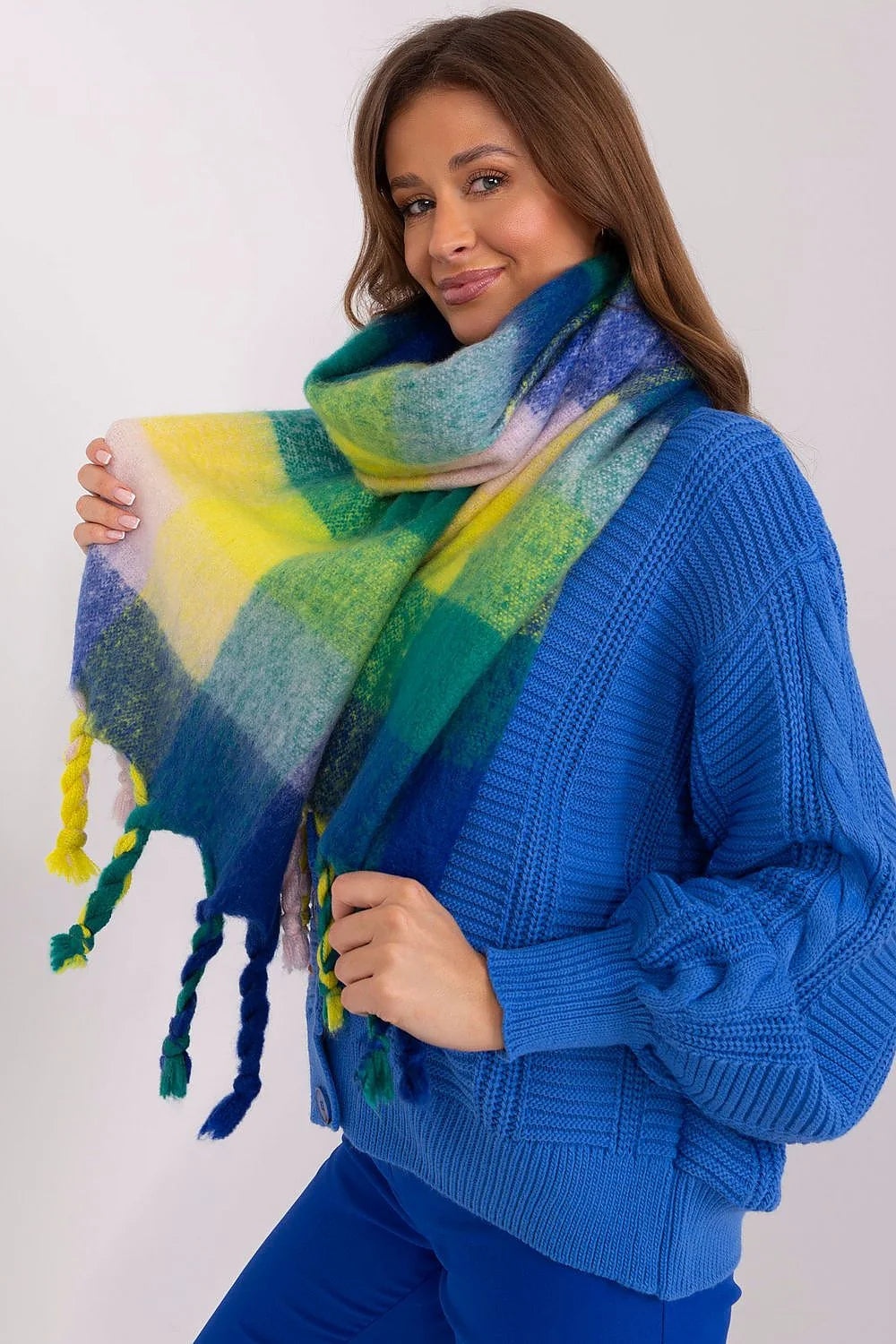 Écharpe longue colorée à carreaux en laine et polyester, style moderne, pompons, franges, idée cadeau femme, automne hiver