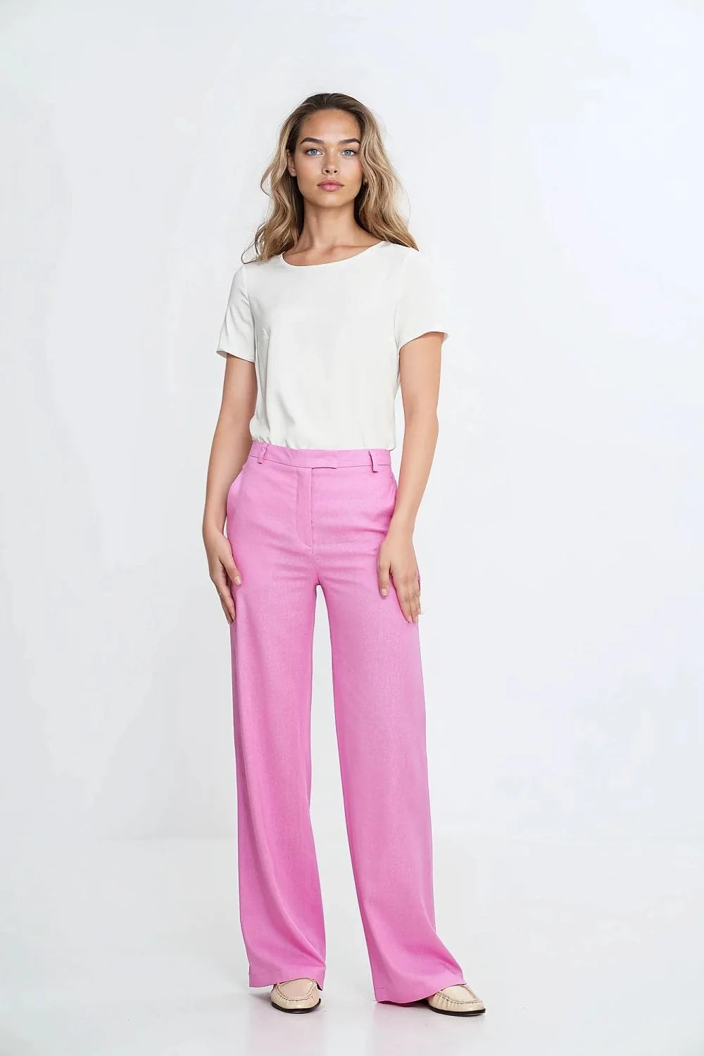 T-shirt classique col rond manches courtes blanc pur coton fluide femme, Pantalon droit moderne couleur rose vif coupe droite tissu doux femme