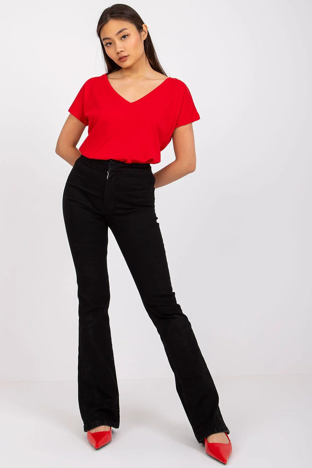 T-shirt femme loose manches courtes col V couleur verte vif coton elastane taille ajustable S M L XL XS