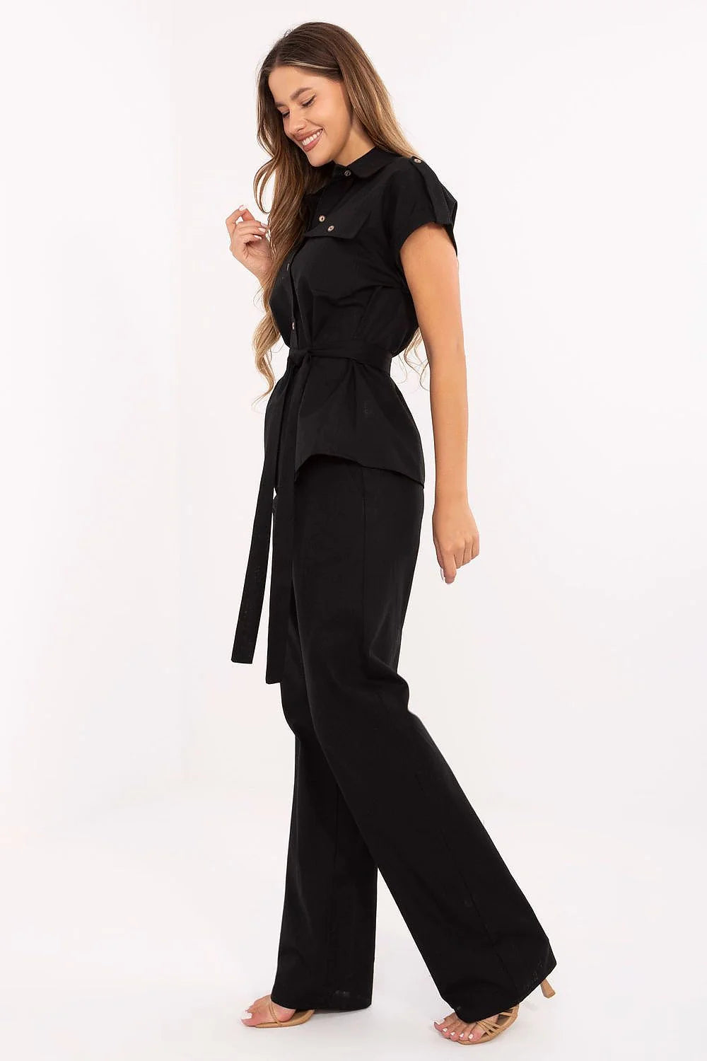 Ensemble Lakerta pour femme élégant chemise manches courtes pantalon noir viscosé lin respirant ceinture ajustable occasion bureau soirée