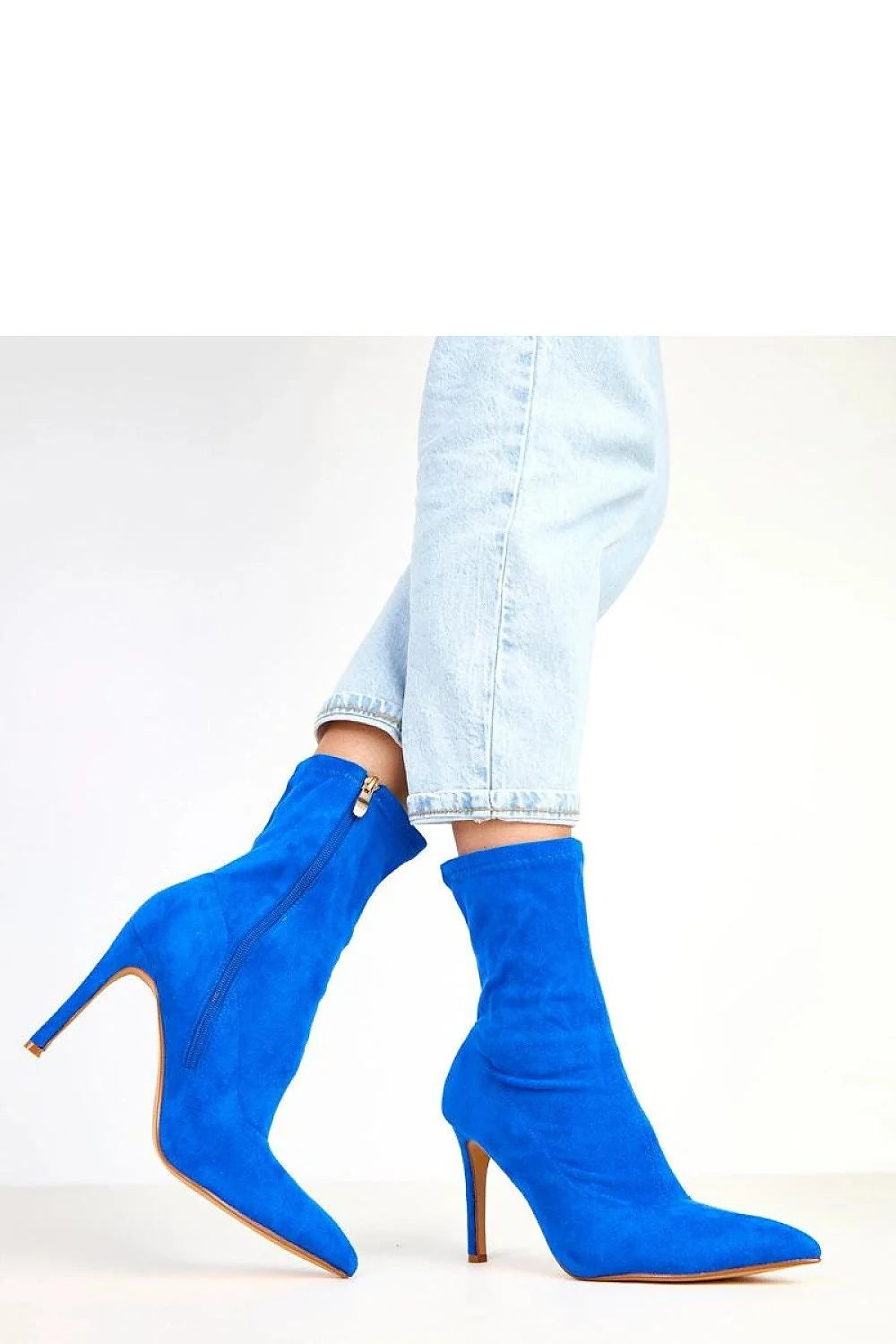 bottines femme cuir suédé écologique bleu cobalt bout pointu talon colonne haut tige mi mollet fermeture éclair dorée
