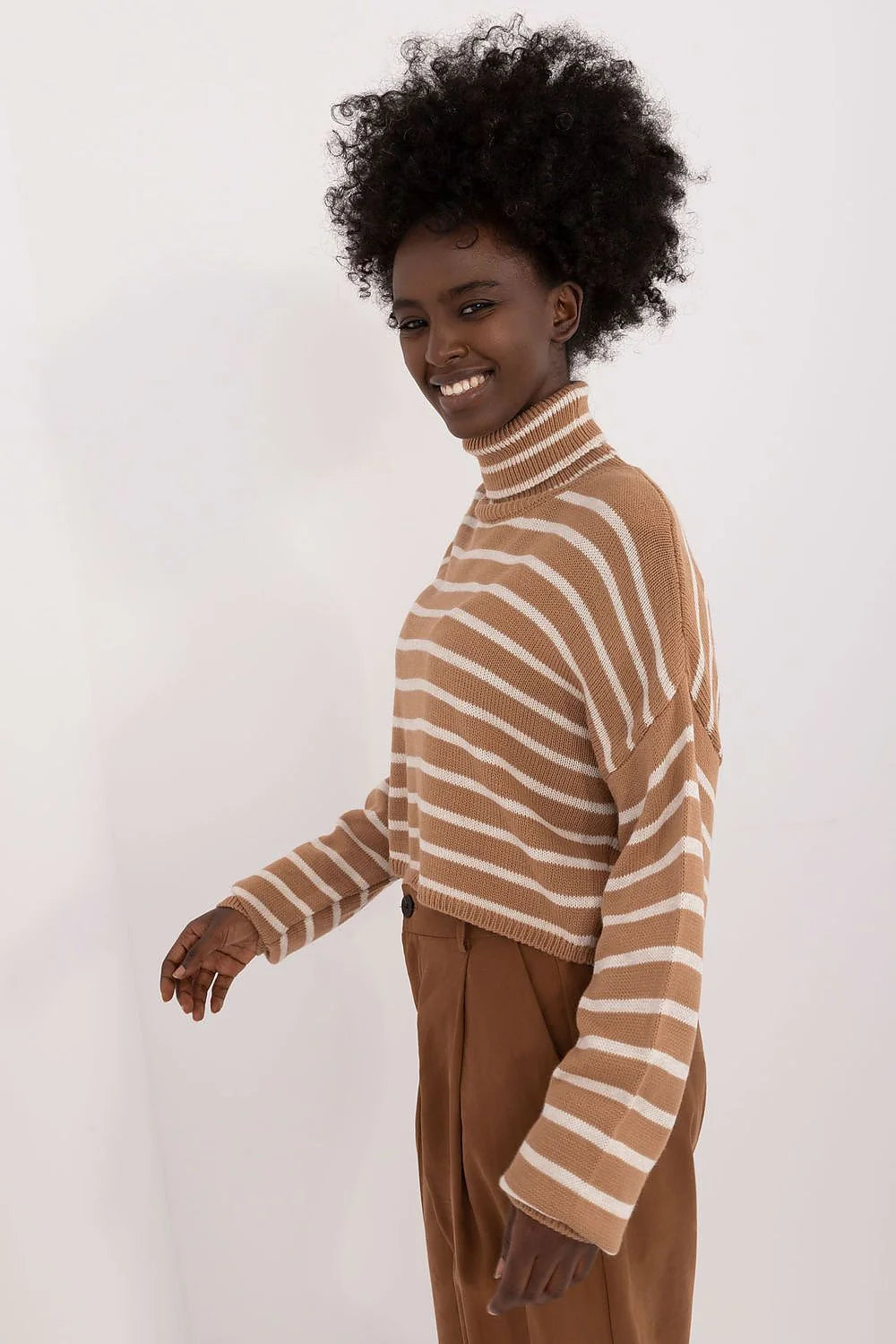 Pull col roulé rayures beige crème matières douces pull court automne hiver femme manches longues coupe ample