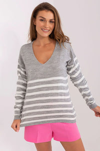 Pull pour femmes Chandail Badu acrylique doux manches longues encolure en V rayures grises et blanches coupe ample saisonnalité automne printemps