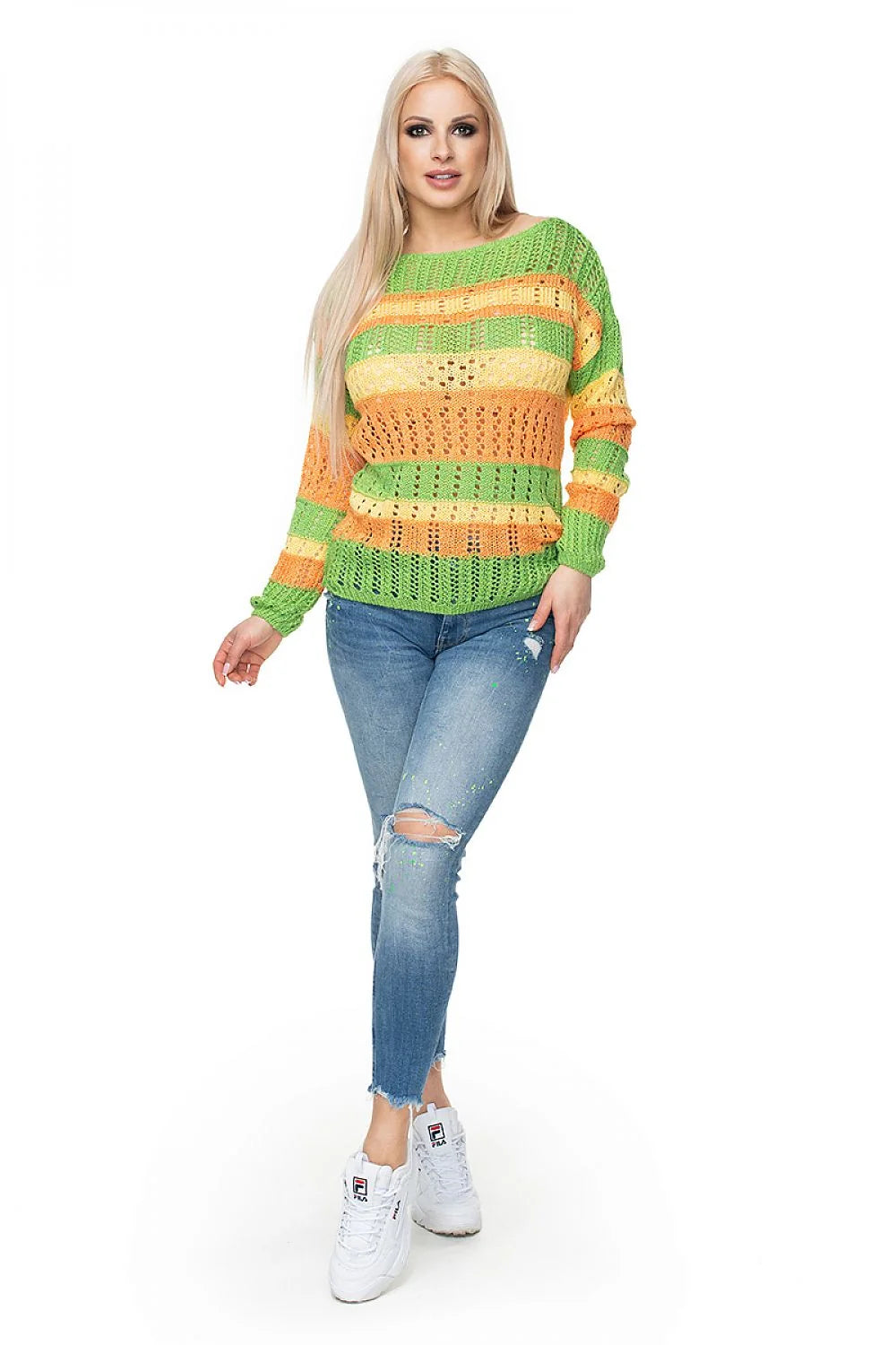 Pullover féminin maille ajourée rayures colorées orange rose jaune manches longues col rond coupe ample maille respirante vêtement mode été printemps