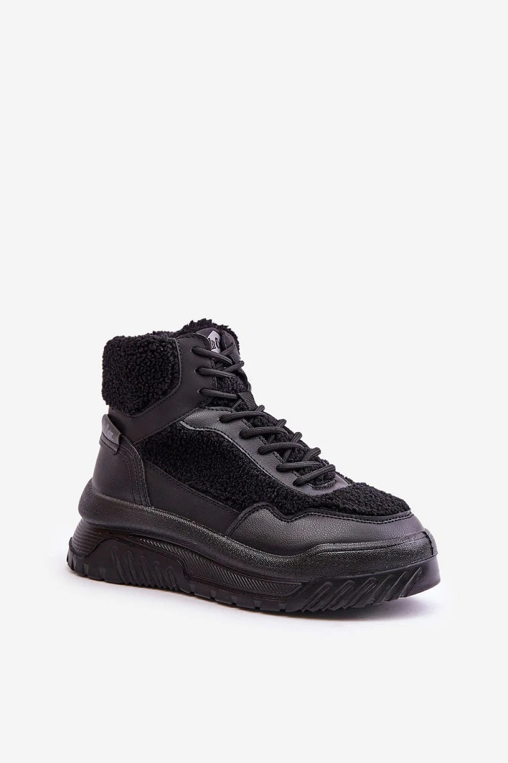 Bottines noires pour femmes design moderne urbain confort élégance cuir synthétique tissu bouclé semelle épaisse caoutchouc motifs traction plateforme laçage fermeture éclair rembourré(details précision) lacet noir