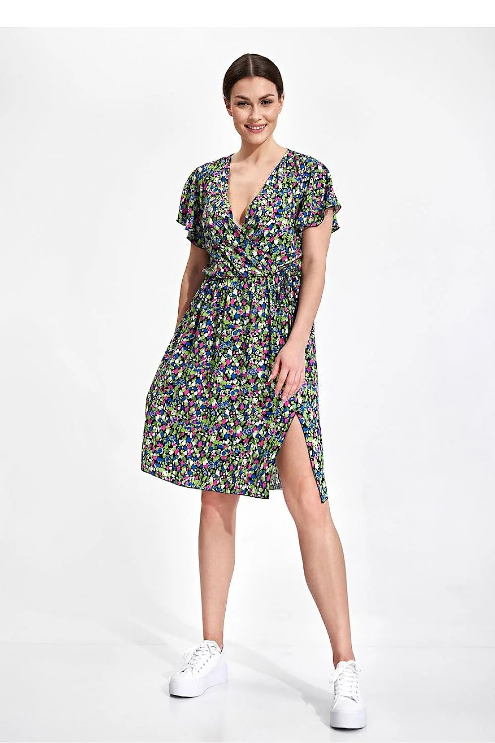 Robe d'été à motifs floraux colorés en viscose, manches courtes en volants, taille élastique, occasion jour/fête, femme S/M-L/XL