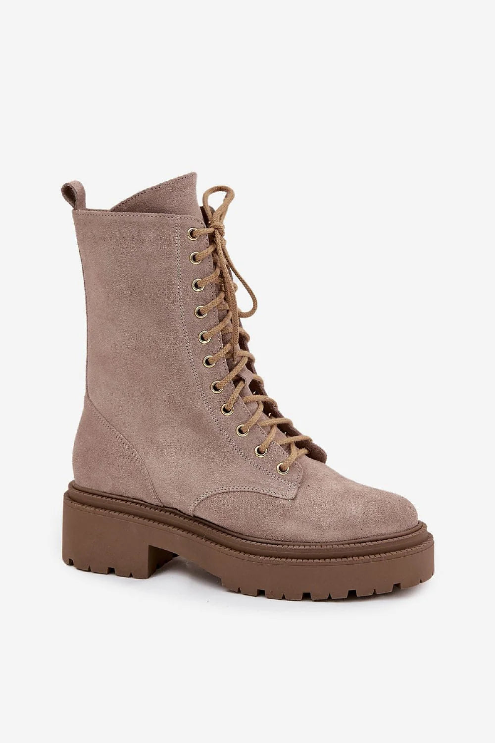 bottines femme daim suédé taupe montantes lacets zippée latérale semelle crantée plateforme compensée talon plat bout rond doublure chaude